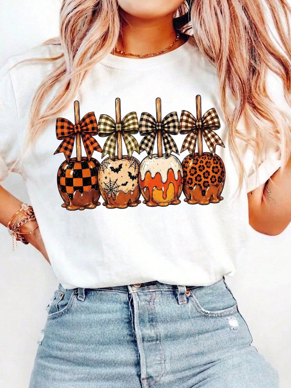 Women Halloween Caramel Apples With Checkered Bows - Sugar Apples Graphic TShirt