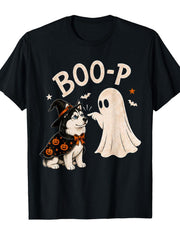 Halloween Husky Witch Cape Short Sleeve Tee Boo-P Ghost Bats Dog Lover Shirt