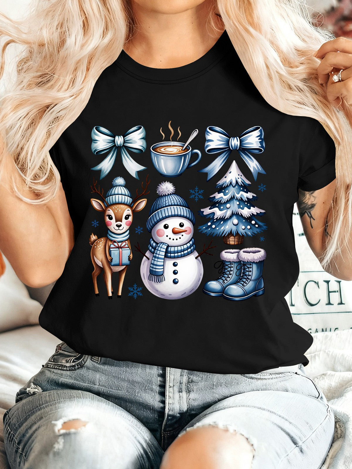 Winter Christmas T-Shirt, Snowman Reindeer Tree Bow Coffee Graphic Tee