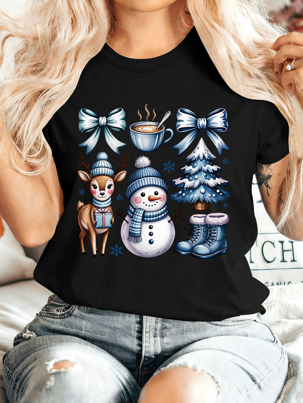 Winter Christmas T-Shirt, Snowman Reindeer Tree Bow Coffee Graphic Tee