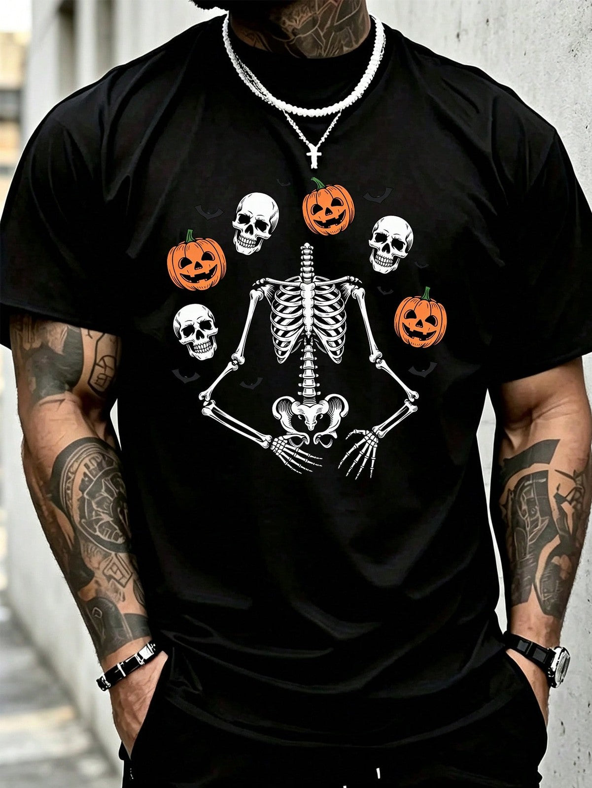 1pc Men' S Gaming Skeleton Print Black TShirt, Crew Neck, Casual Cotton Tee