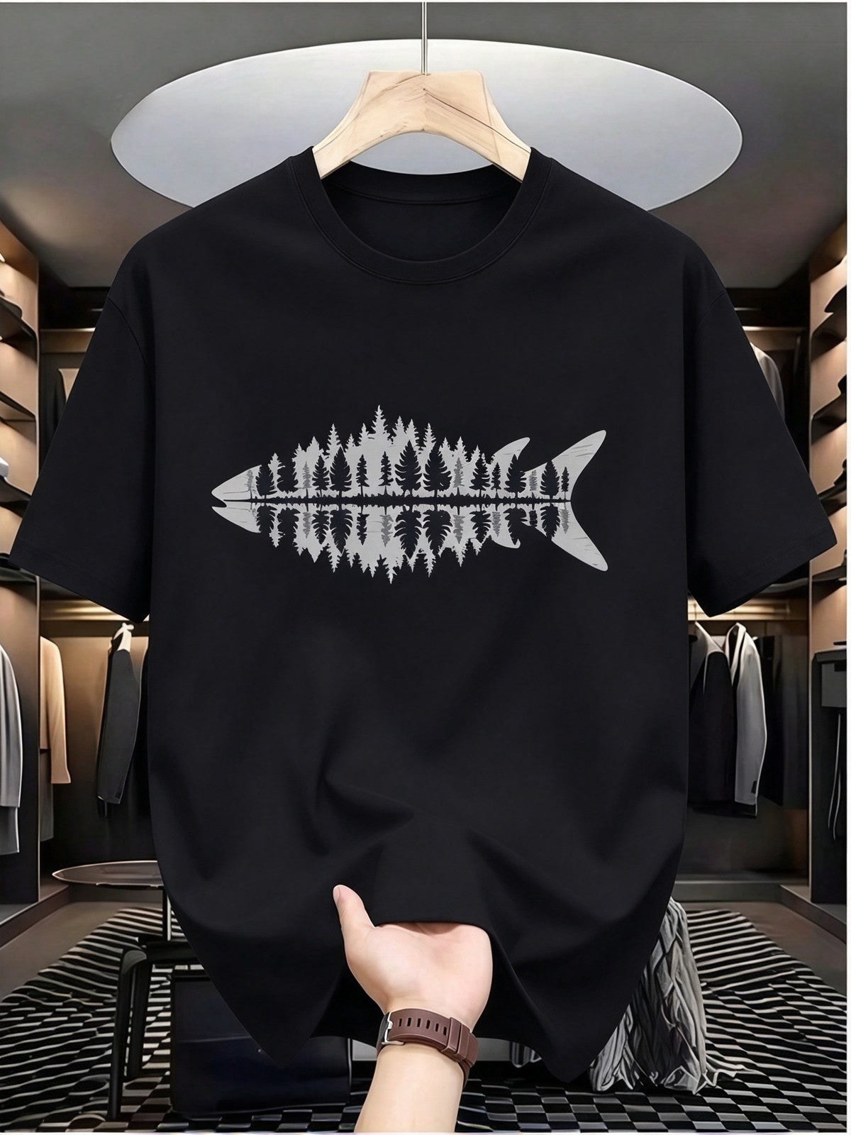 Mens Clothes Fish Forest Print Black TShirt, Unisex Casual Crew Neck Tshirt