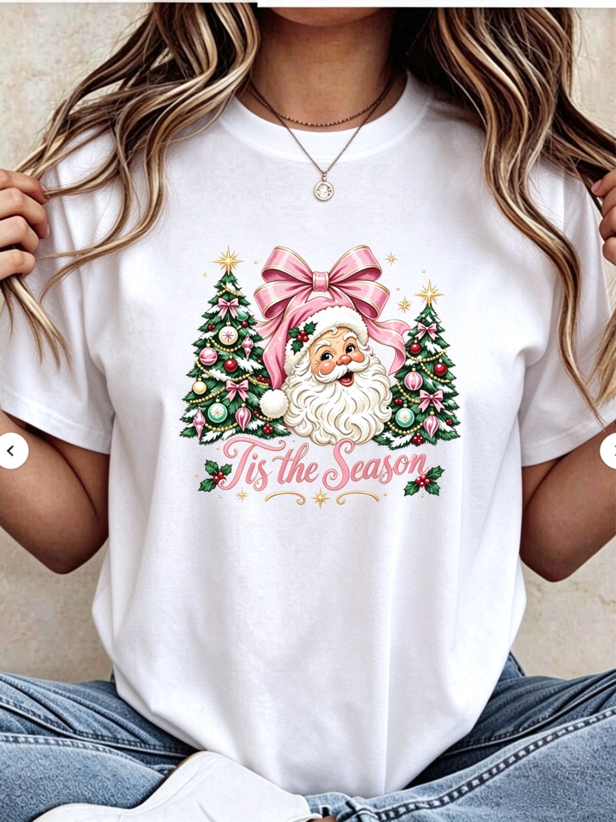 Tis The Season T-Shirt, Santa Pink Bow Christmas Tree Holiday Graphic Tee