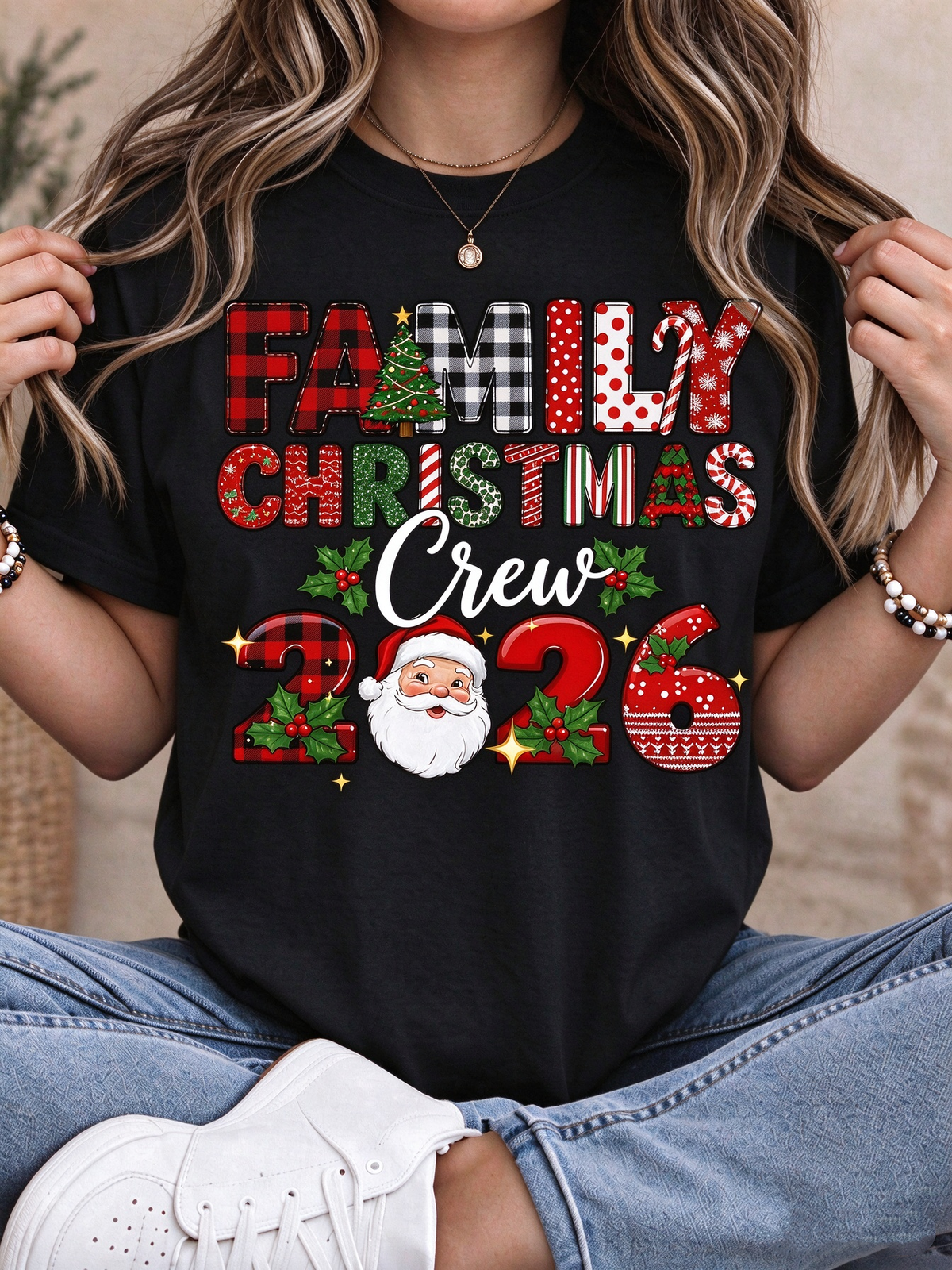 Women's T Shirts, Family Christmas Crew 2026 Santa Plaid Leopard Graphic Tees