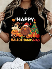 Happy Hallothanksmas T Shirt Women Funny Halloween Thanksgiving Graphic Tee