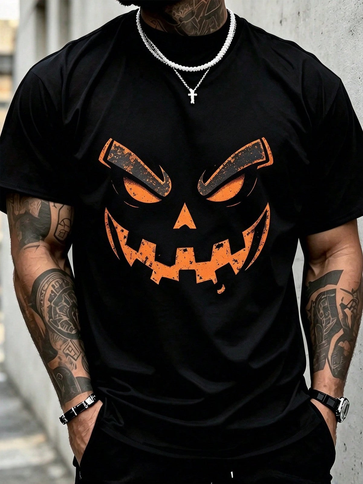 1pc Men' S Gaming Skeleton Print Black TShirt, Crew Neck, Casual Cotton Tee