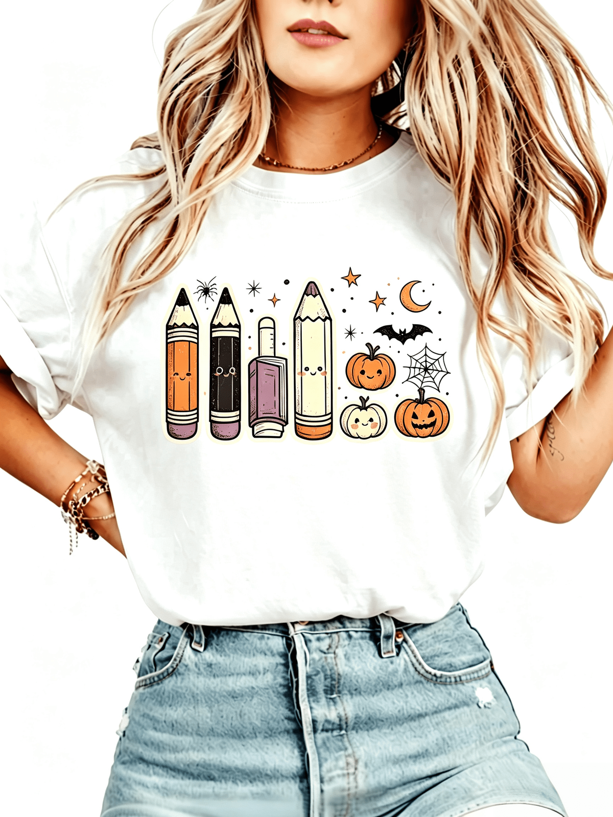 Halloween Teacher T-Shirt Cute School Supplies Witch Pencil Tee