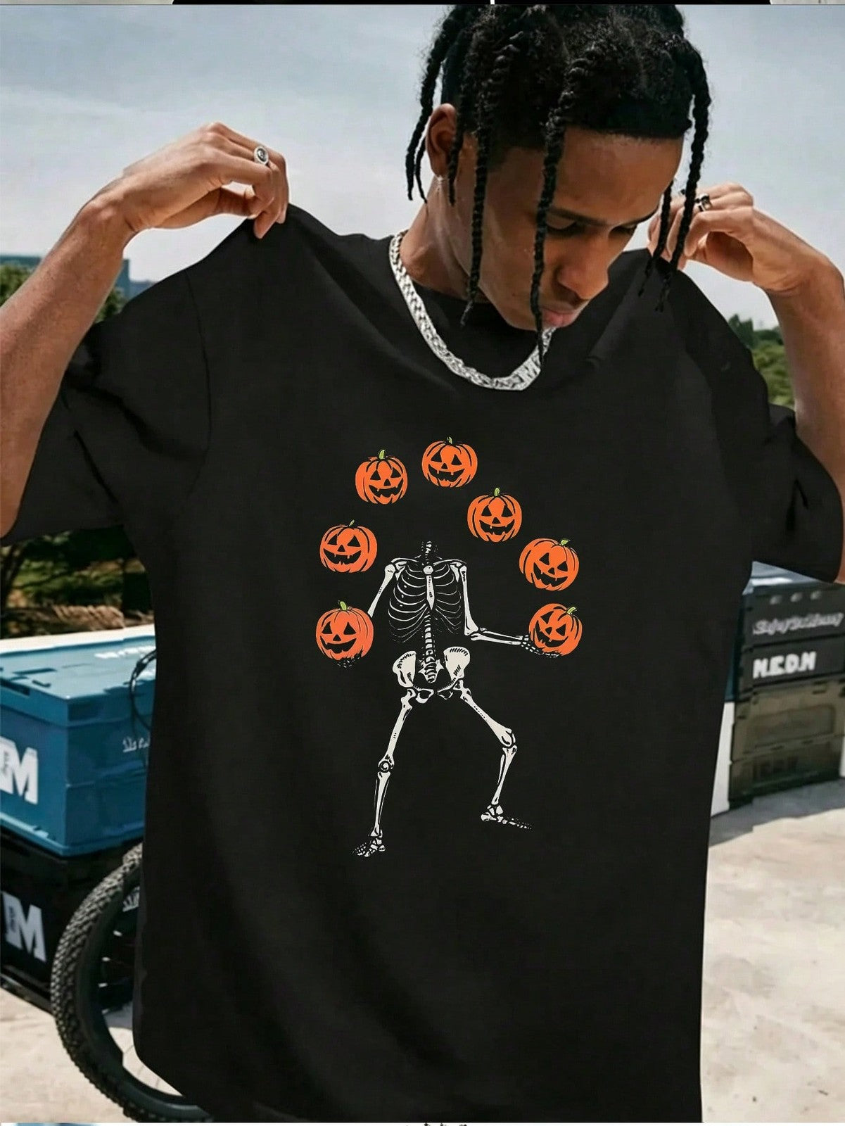 1pc Men' S Gaming Skeleton Print Black TShirt, Crew Neck, Casual Cotton Tee