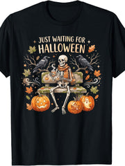 Just Waiting for Halloween Shirt, Fun Skeleton Pumpkin Latte T-Shirt
