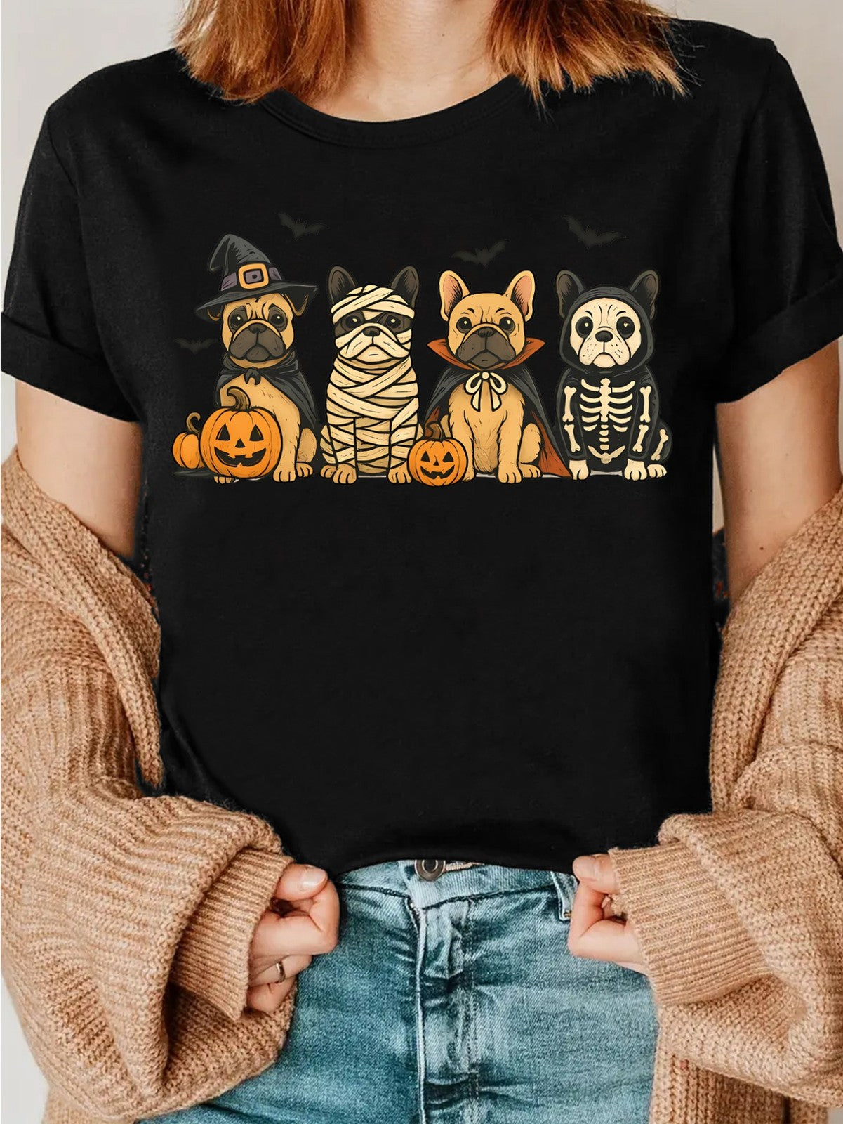 Women Halloween Frenchie Dogs in Witch Mummy Vampire Skeleton Costumes Tee