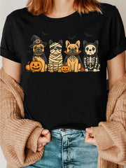 Women Halloween Frenchie Dogs in Witch Mummy Vampire Skeleton Costumes Tee