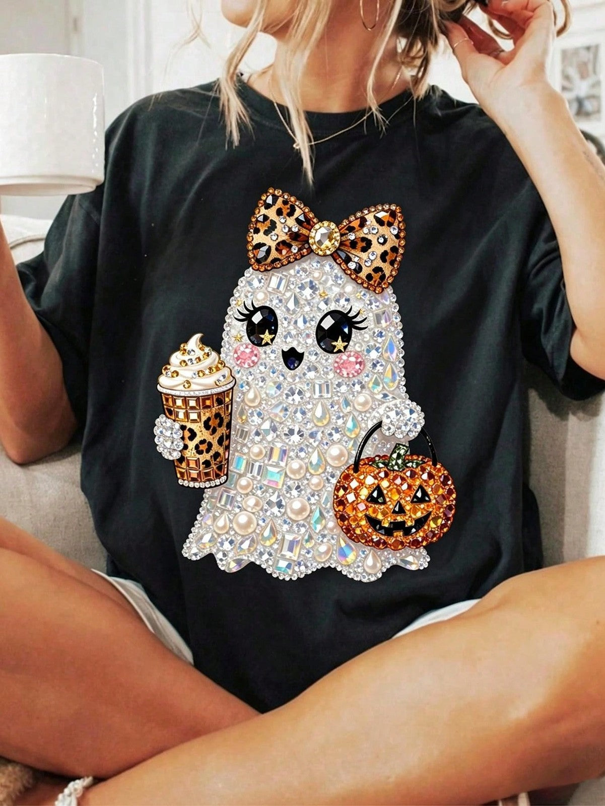 Women Halloween Cute Rhinestone Pearl Ghost Doll Bow Coffee Pumpkin Print Tee