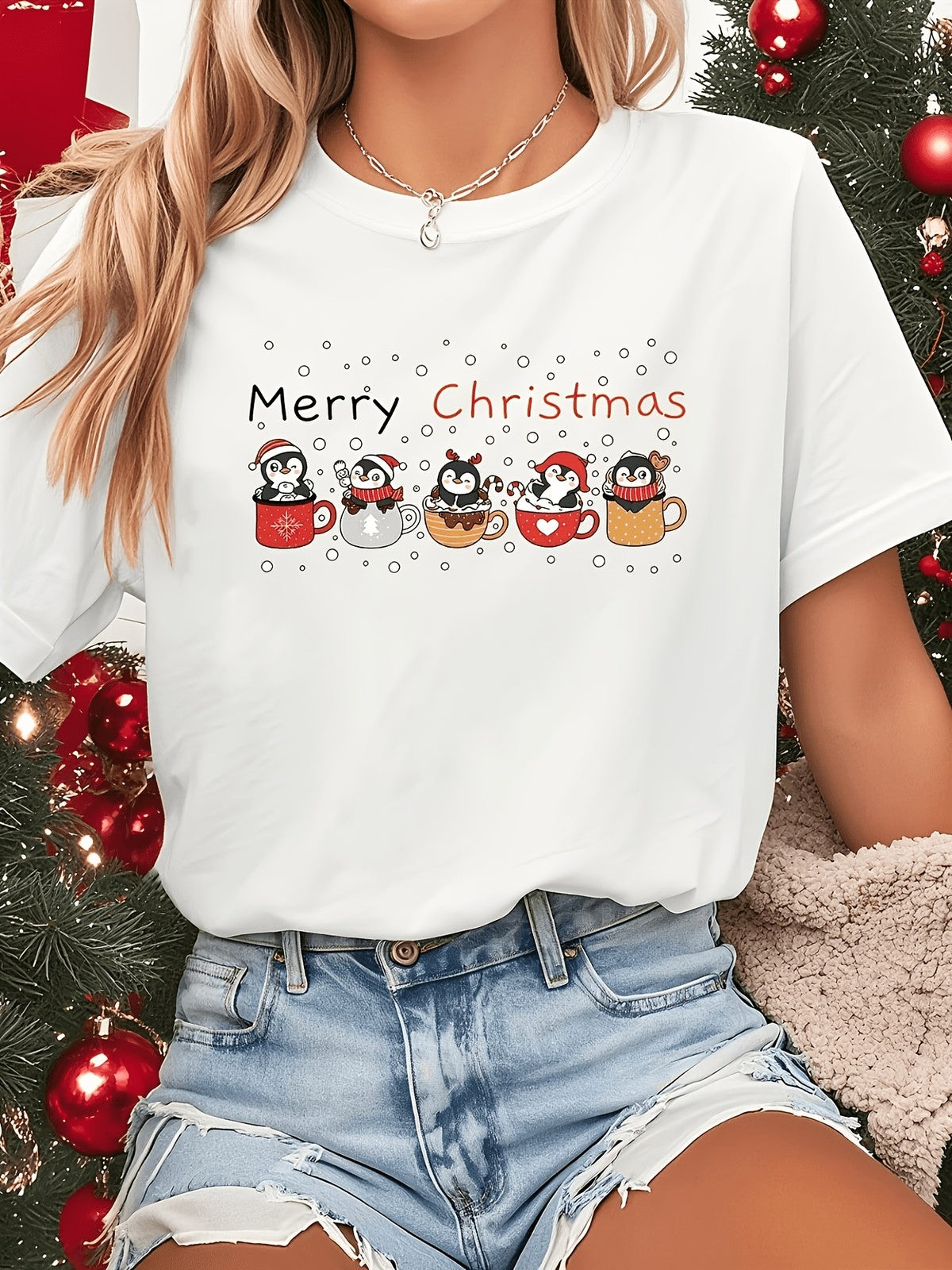 Merry Christmas Cute Penguin in Hot Cocoa Mugs Graphic T-Shirt