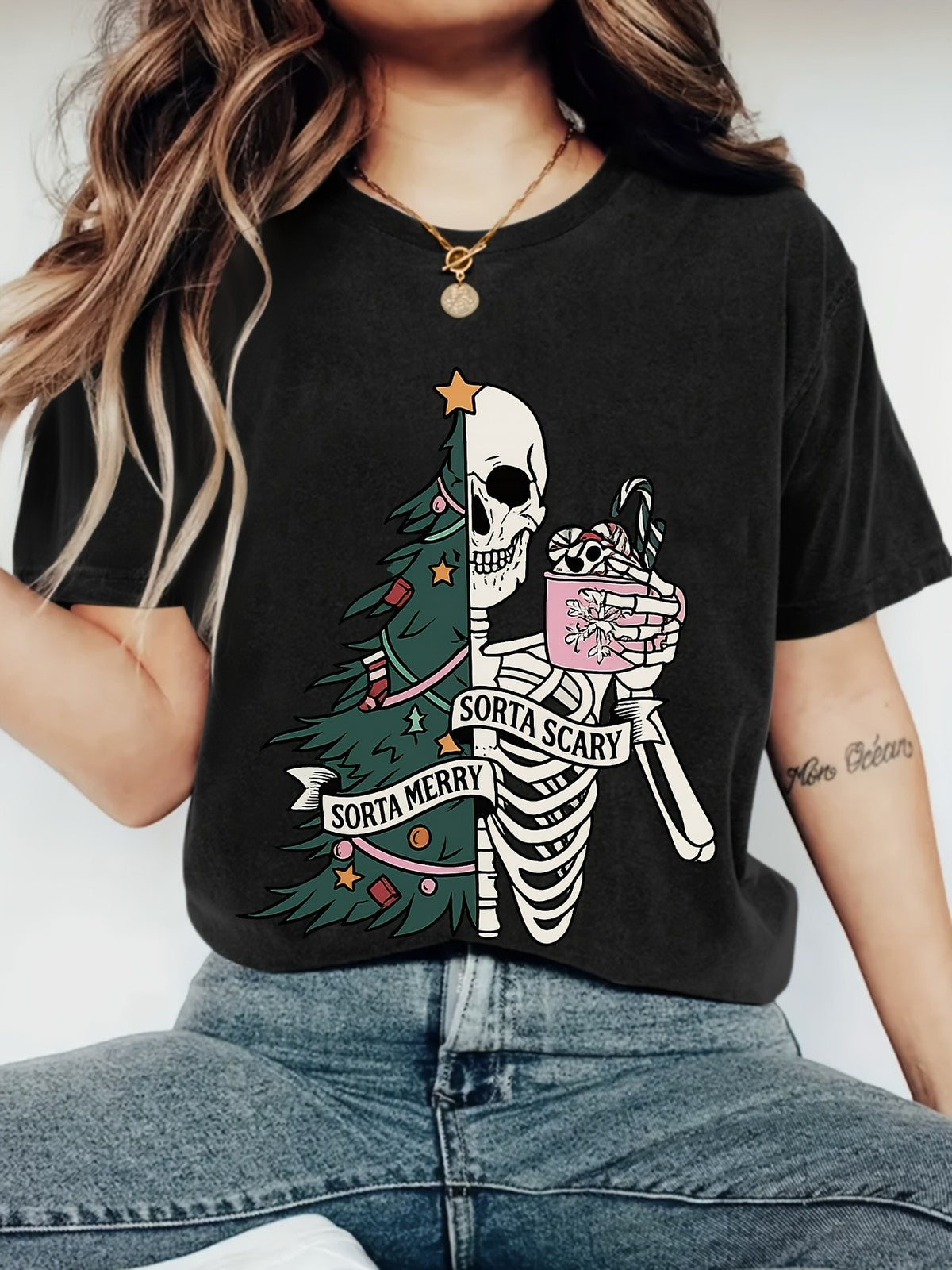 Sorta Merry Sorta Scary Skeleton Christmas Tree Women Graphic T-Shirt