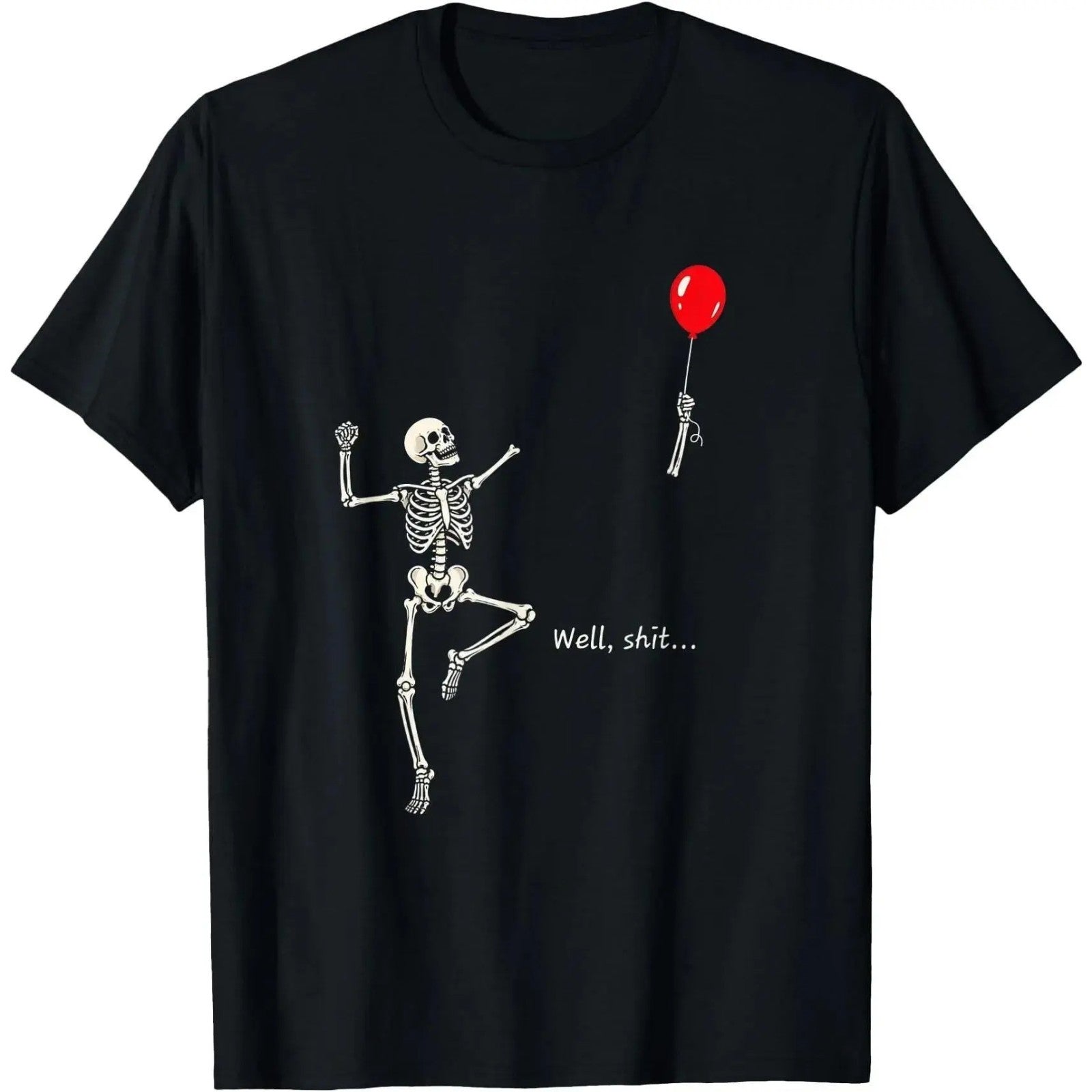Funny Skeleton Red Balloon Graphic Tee Halloween Skeleton Art Casual T Shirt`