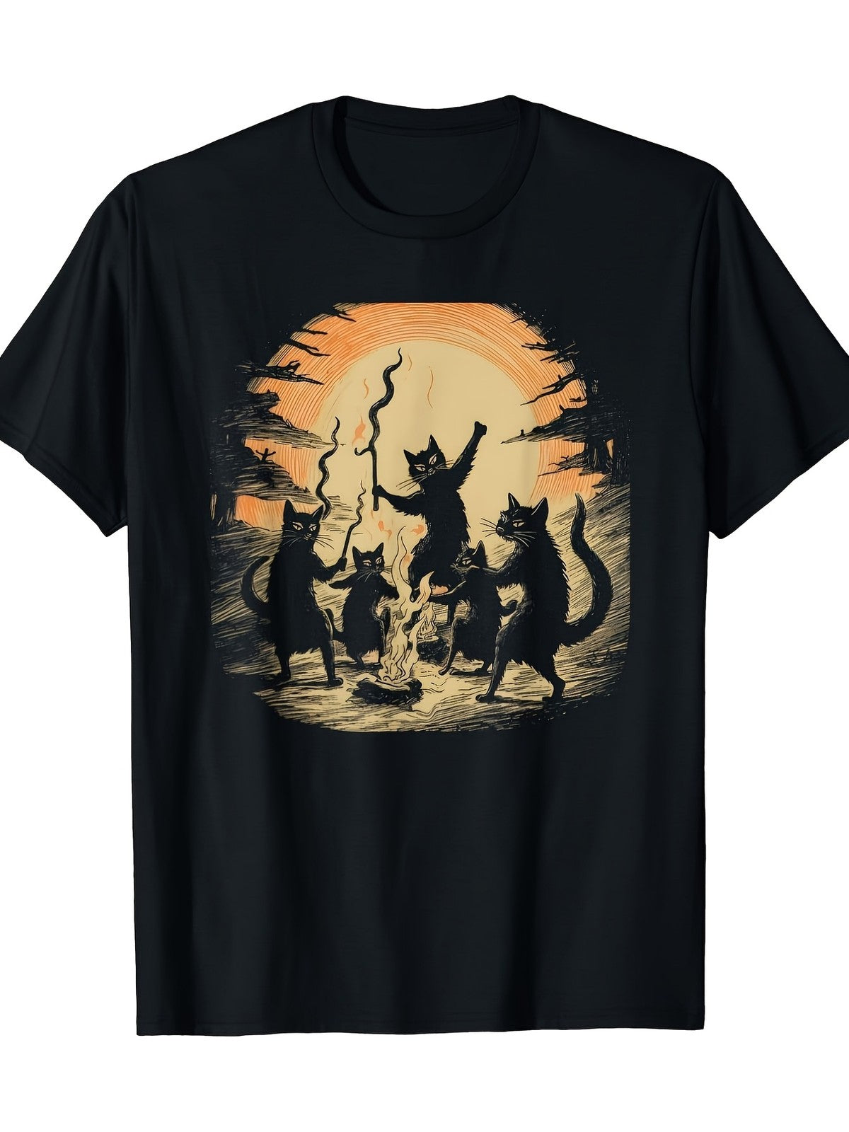 Halloween Black Cats Campfire Ritual Short Sleeve Tee Vintage Woodcut Style Cat