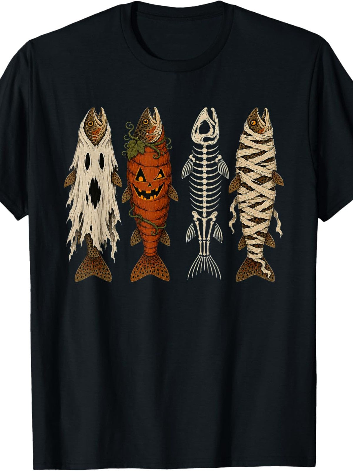 Men' & Women' Funny Pumpkin Skeleton Mummy Trout Fishing T-Shirt