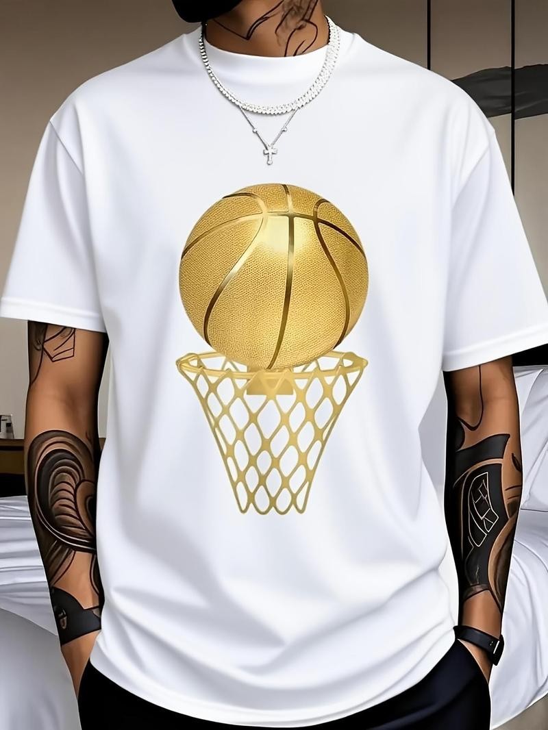 Men's Gold Basketball Graphic and Hoop Design - Trendy Casual Tee for Sports