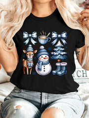 Winter Christmas T-Shirt, Snowman Reindeer Tree Bow Coffee Graphic Tee