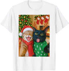 Funny Meme Cat Taking A Selfie Christmas Xmas Lights Unisex T-Shirt