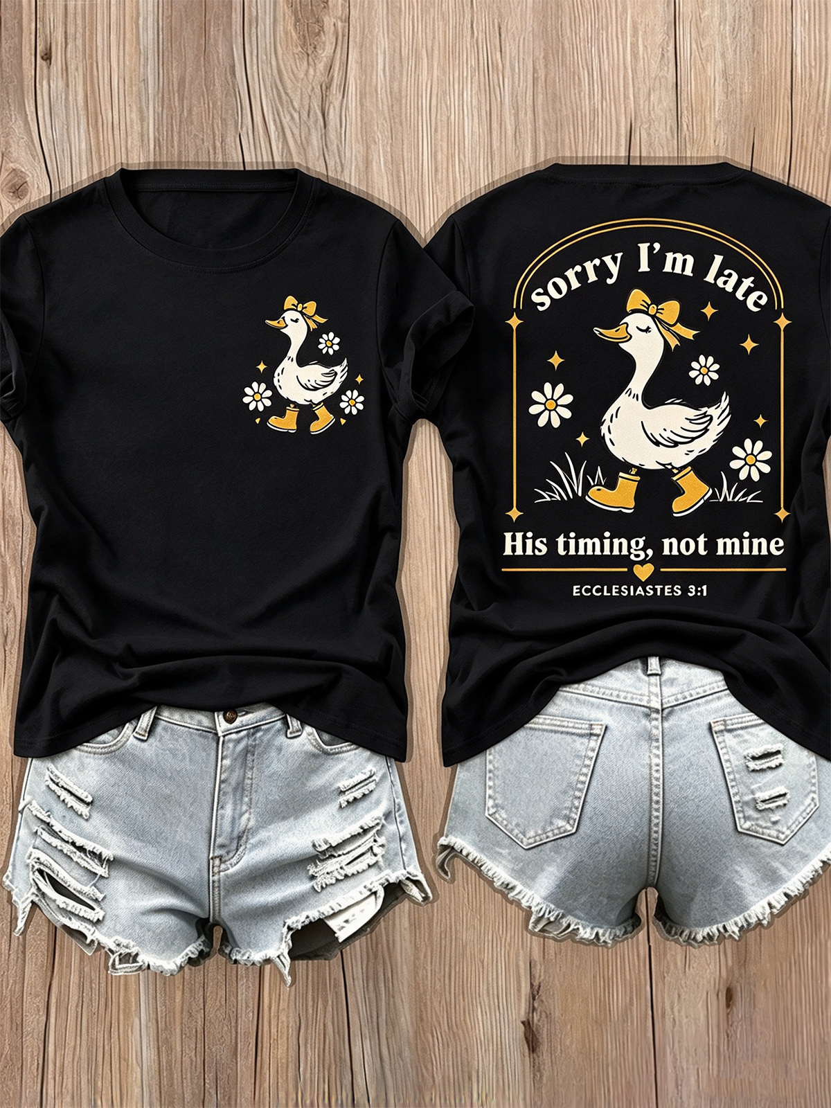 Women Sorry I'm Late Duck Daisy Graphic T-Shirt, Religious Faith Fall Short Sleeve Casual Tee