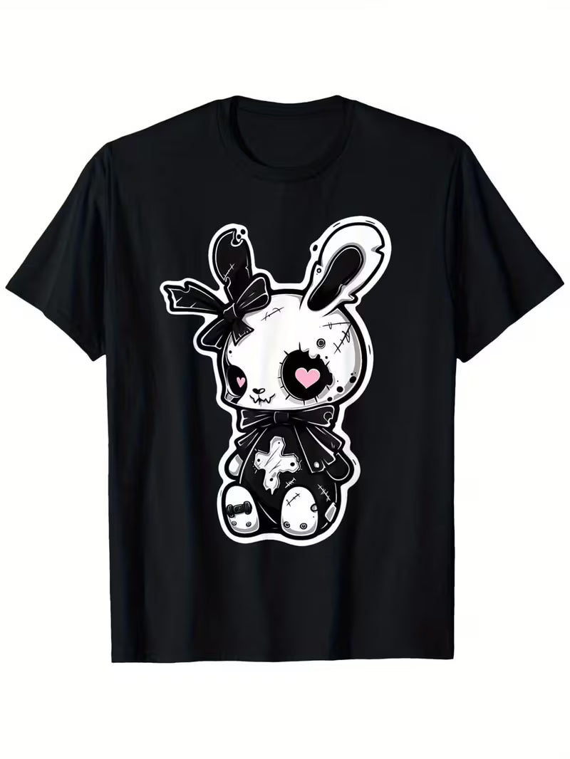 Gothic Rabbit Graphic Crew Neck Tee Dark Fun Stitch Detail Black Short Sleeve Top