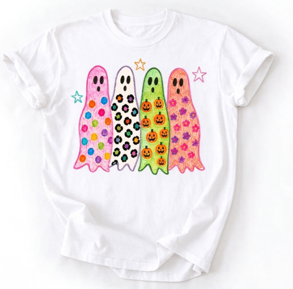 Ghost Halloween Shirt, Colorful Leopard Ghost Tee, Coquette Spooky Season T-Shirt, Cute Fall Shirt for Women