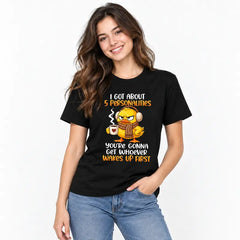 Funny Morning Mood Graphic Tee, Whoever Wakes Up First Quote T-Shirt, Grumpy Duck Coffee Black Casual Top