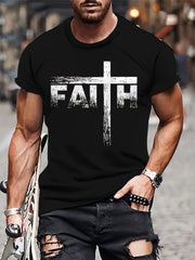 Men's Novelty Faith Cross Graphic T-Shirt, Inspirational Letter Print Crew Neck Short Sleeve Casual Street Tee，Men Clothing