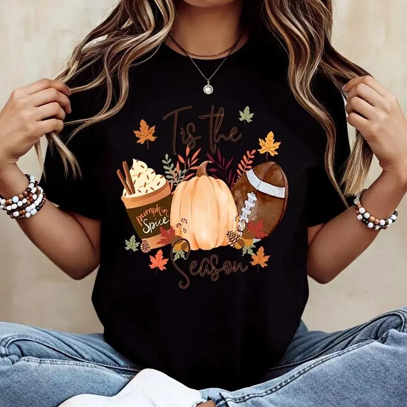 Tis The Season Pumpkin Spice Football Fall Leaves Print T-Shirt, Autumn Thanksgiving Halloween Graphic Tee