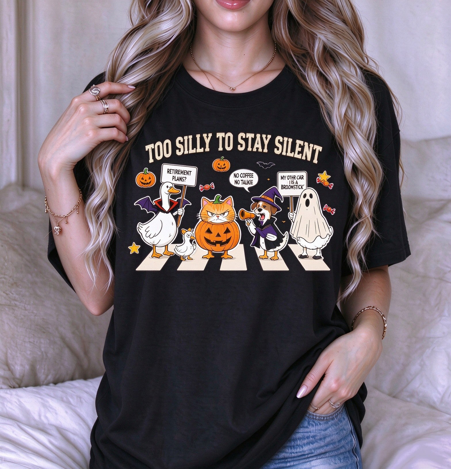Funny Halloween Animal Graphic T Shirt, Too Silly To Stay Silent Ghost Cat Duck Dog Short Sleeve Tee for Men Women
