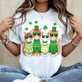 Cute Cats Wearing Green Sweaters And Hats With Clover Pattern T-Shirt White Crew Neck Casual St Patrick's Day Outfit