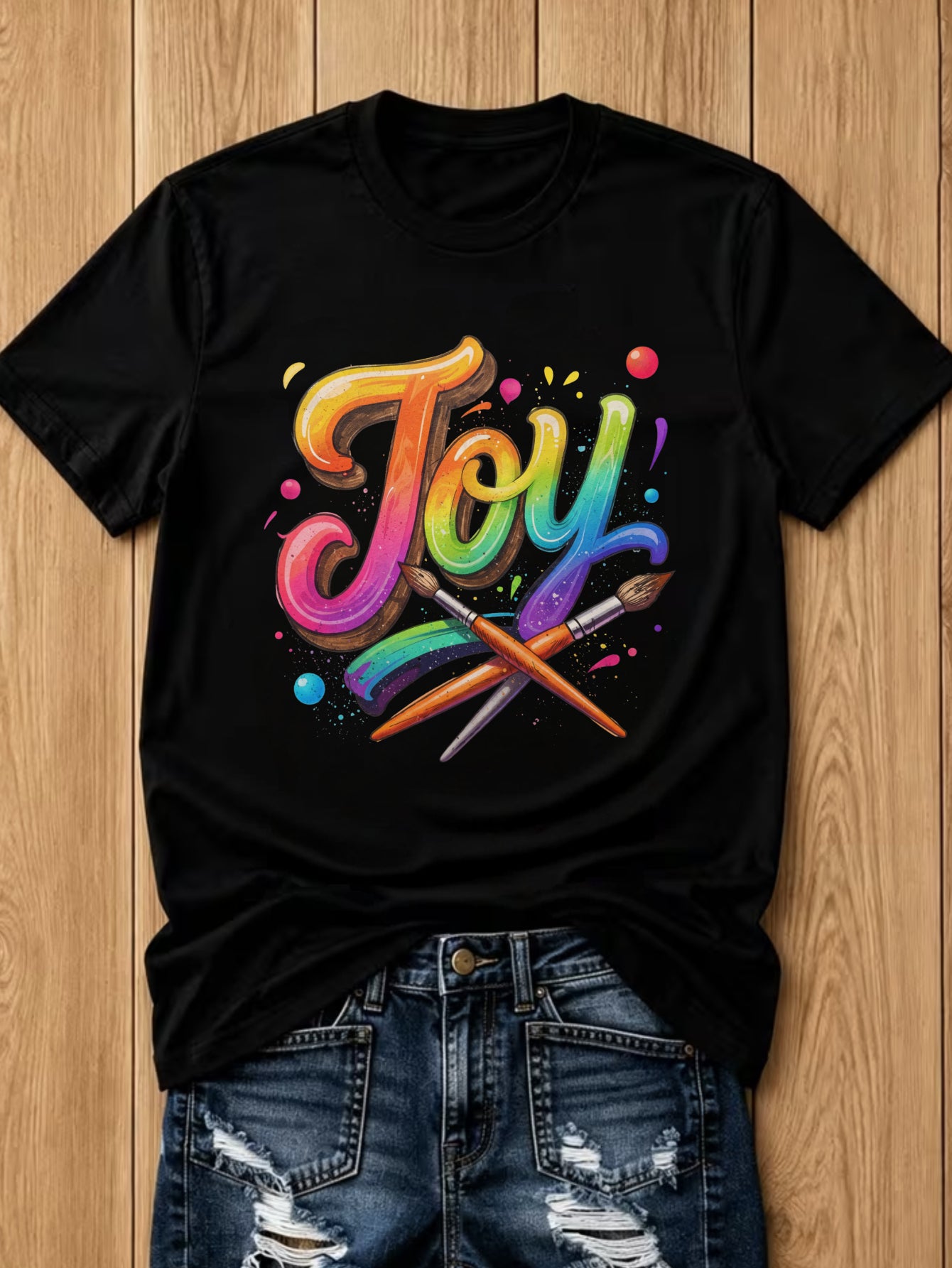 Women Rainbow Joy Art Paint Brush Graphic T-Shirt, Colorful Creative Artist Crew Neck Short Sleeve Casual Tee