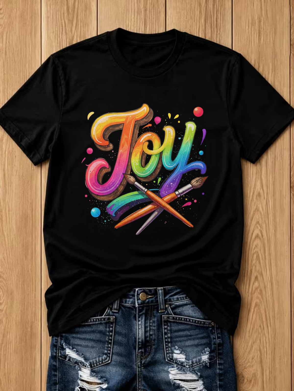 Women Rainbow Joy Art Paint Brush Graphic T-Shirt, Colorful Creative Artist Crew Neck Short Sleeve Casual Tee