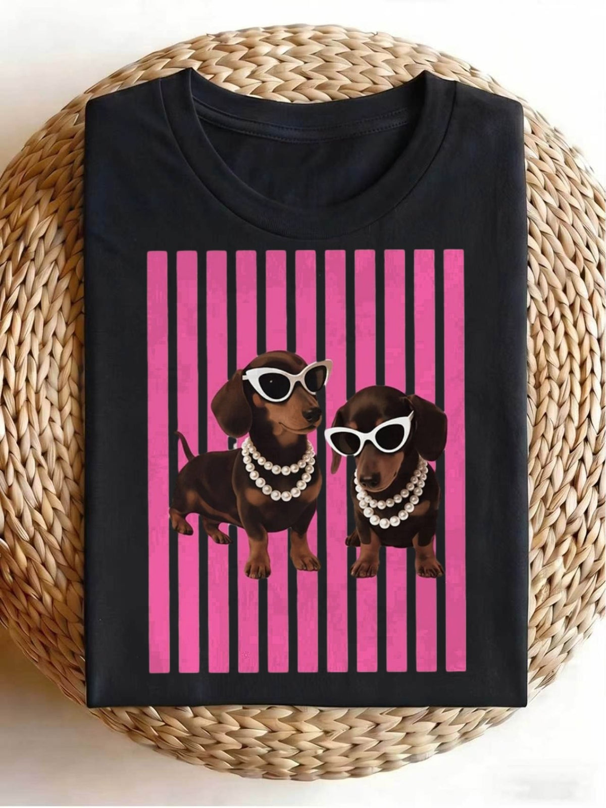 Men's Retro Dachshund T-Shirt - Pink Striped Short Sleeve Round Neck Tee with Dachshund Graphic