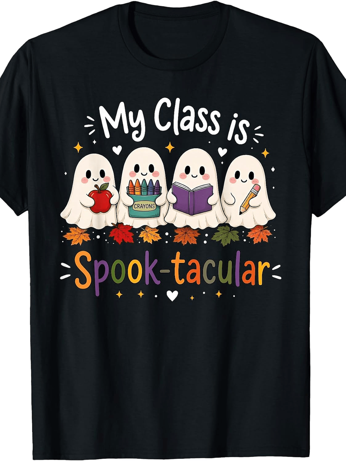 Women's Teacher Ghost Spook-tacular Graphic T-Shirt, Cute Halloween Short Sleeve Tee, Fall Teacher Gift Crew Neck Top