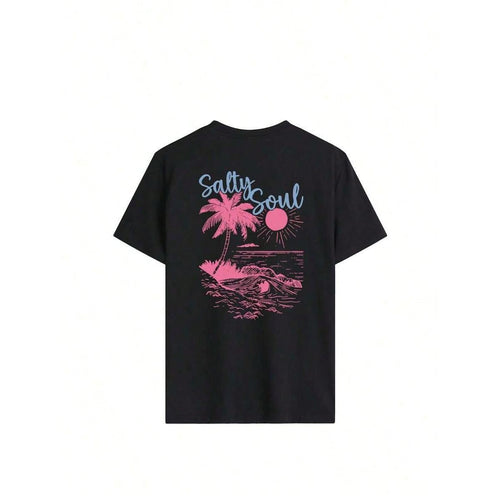2026 Summer ShirtSALTY SOUL Women's Spring/Summer New Coconut Tree & Sunshine Print Casual Round Neck Short Sleeve T-Shirt, Fashion Versatile, Essential Daily & Vacation Wear. Vacation Printed T-Shirt For WomenLoose And Comfortablesummer Tops