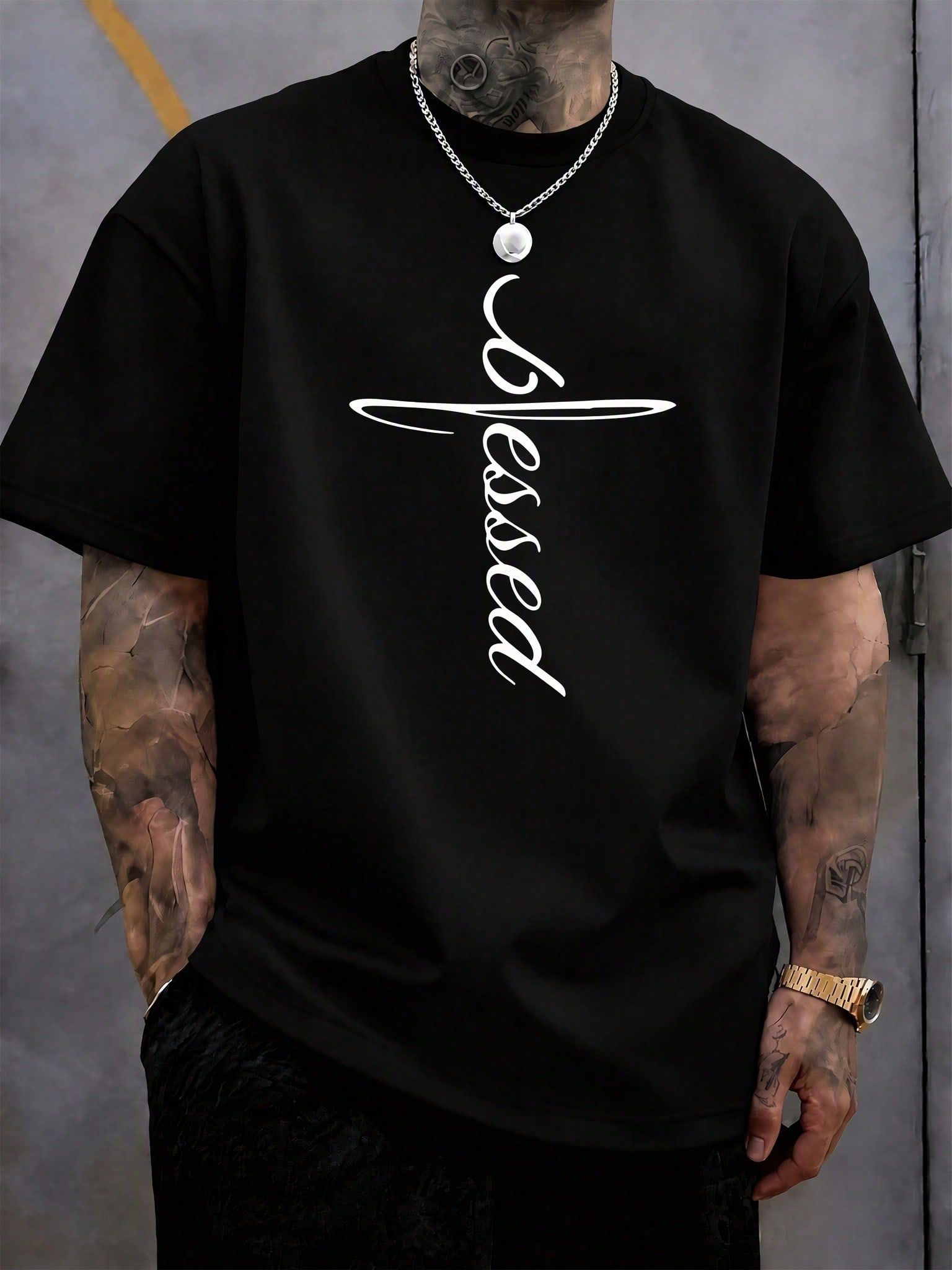 Blessed Cursive Word Combined Cross Motif Front‑Panel Print, Comfort Cut, For Camping Fitness Daily Business Leisure Outing