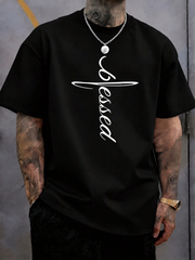 Blessed Cursive Word Combined Cross Motif Front‑Panel Print, Comfort Cut, For Camping Fitness Daily Business Leisure Outing
