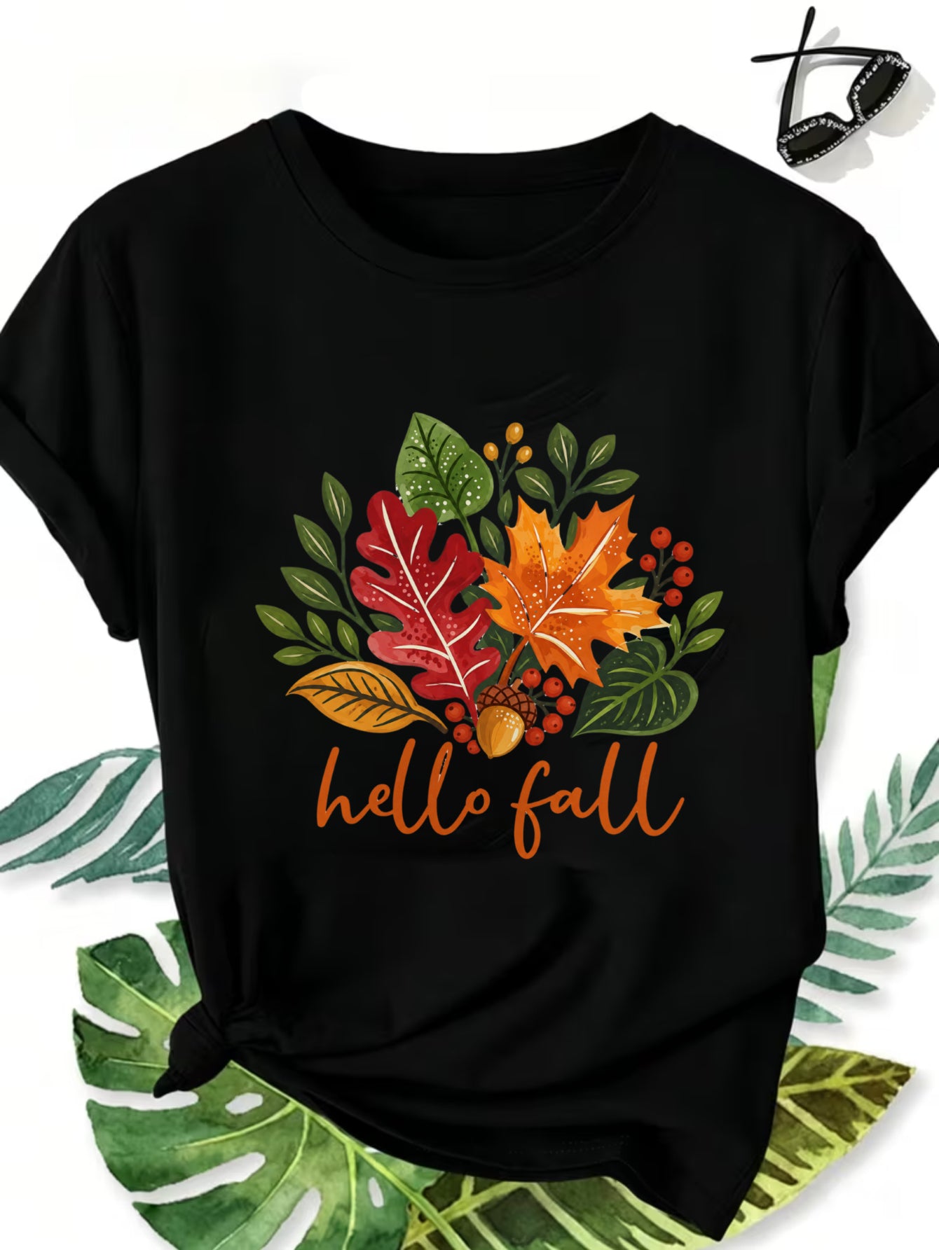 Women Hello Fall Maple Leaf Acorn Graphic T-Shirt, Autumn Harvest Floral Crew Neck Short Sleeve Casual Tee