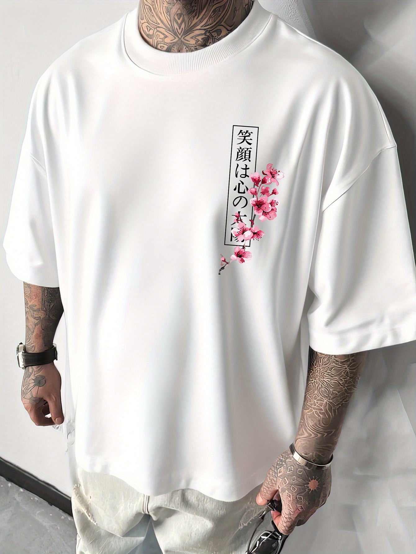 Double Sided Japanese Graphic T-Shirt, Koi Fish Samurai Sword & Sakura Front Back Print Top