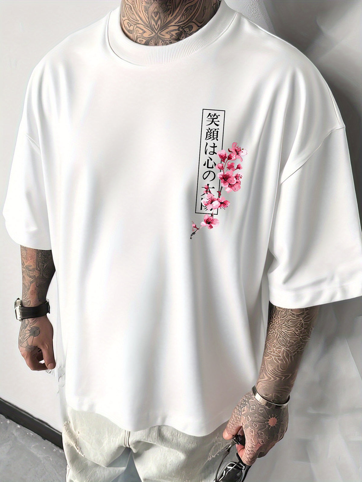 Double Sided Japanese Graphic T-Shirt, Koi Fish Samurai Sword & Sakura Front Back Print Top