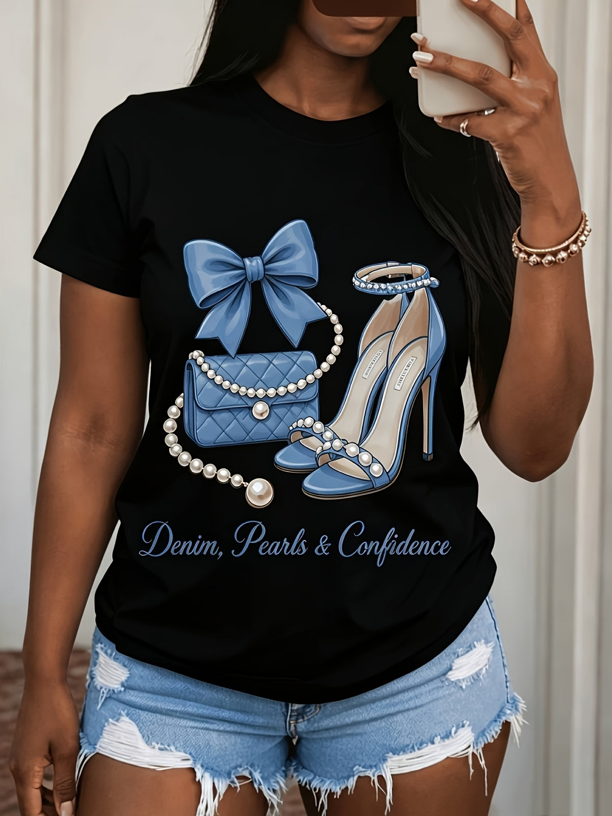 Women's Denim Pearls & Confidence Graphic T-Shirt, Fashion High Heel Handbag Pearl Print Short Sleeve Crew Neck Casual Tee