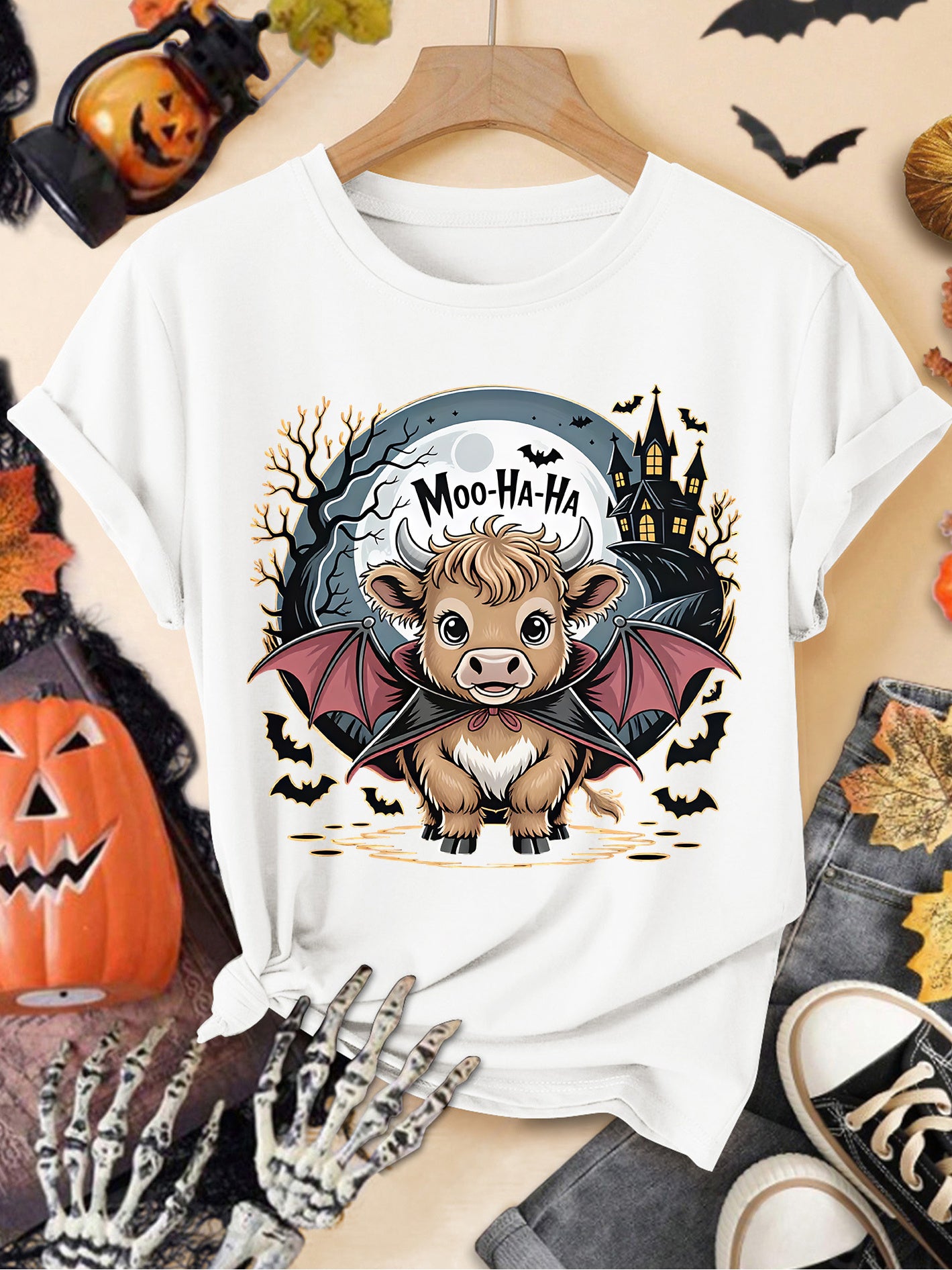 Highland Cow Vampire Moo-Ha-Ha Graphic T-Shirt, Cute Halloween Bat Haunted House Casual Tee for Men Women