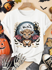 Highland Cow Vampire Moo-Ha-Ha Graphic T-Shirt, Cute Halloween Bat Haunted House Casual Tee for Men Women