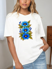 Women Blue Floral Berry Botanical Graphic T-Shirt, Wild Flower Print Crew Neck Short Sleeve Casual Tee Top
