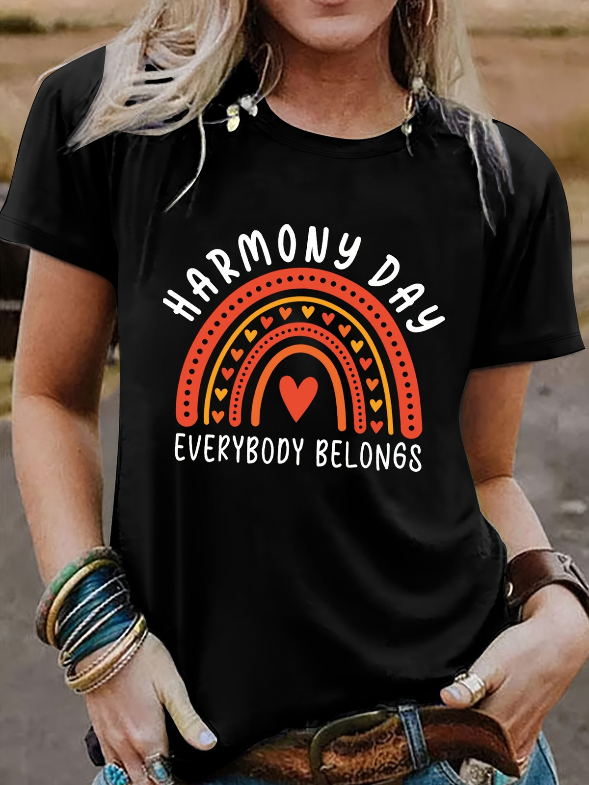 Harmony Day Everybody Belongs Rainbow Heart Graphic T-Shirt, Women's Round Neck Short Sleeve Casual Loose Fit Summer Top