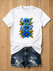 Women Blue Floral Berry Botanical Graphic T-Shirt, Wild Flower Print Crew Neck Short Sleeve Casual Tee Top