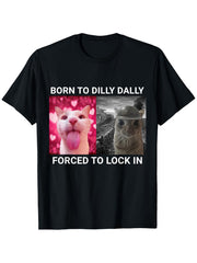 Born to Procrastinate Forced to Wear Cat Meme T-Shirt, Unisex Casual Crew Neck Short Sleeve Top, Funny Cat Graphic Tee, All-Season Wear