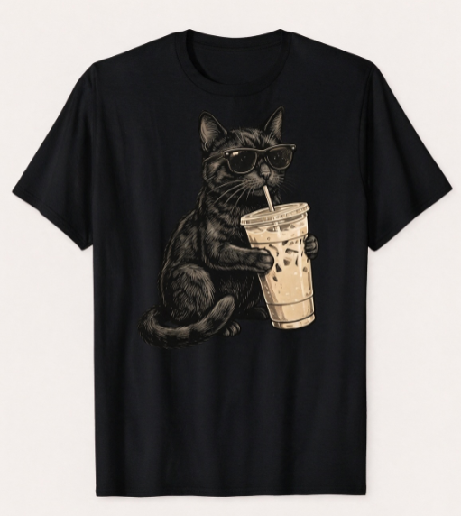 Black Cat Drinking Iced Coffee T-Shirt, Funny Black Cat Meme Graphic Tee, Casual Crew Neck Short Sleeve Top, Gift for Cat Lovers